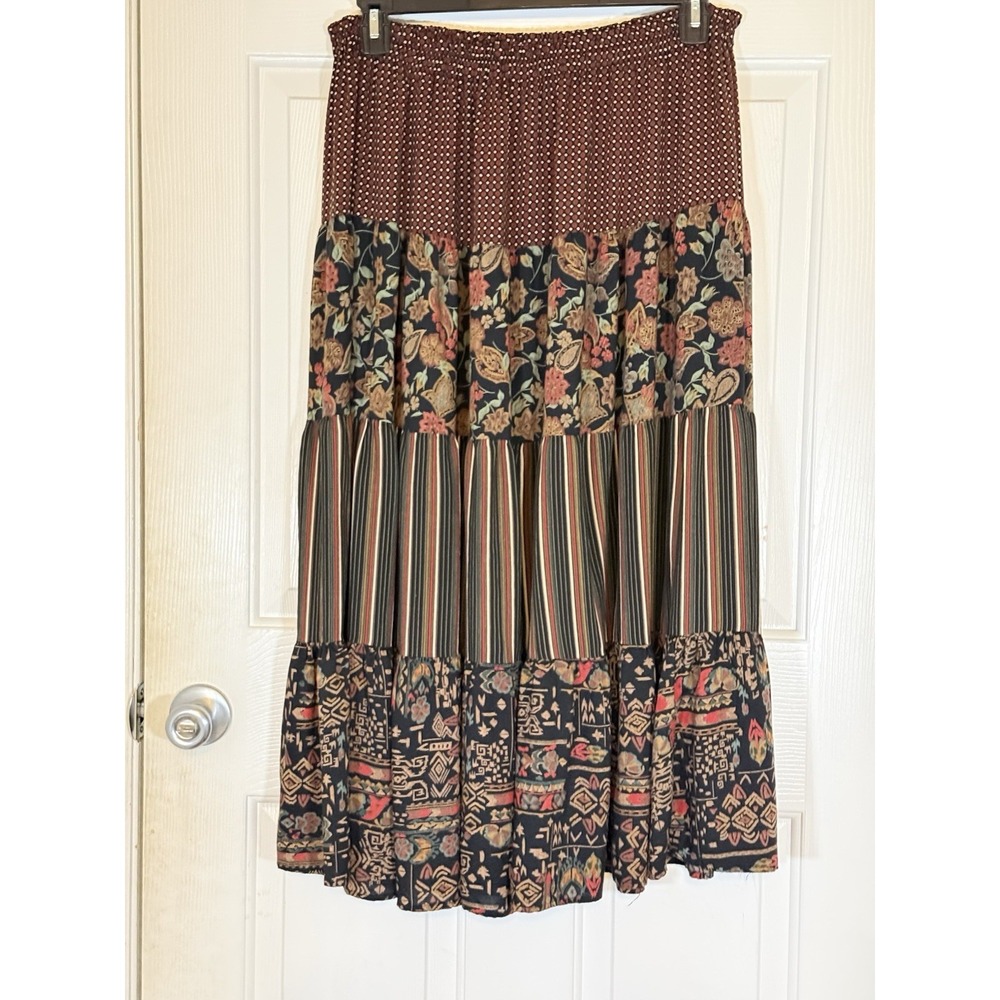 Vtg Oxford Women's Boho Maxi Tiered Skirt Medium Cottagecore Granny USA Modest